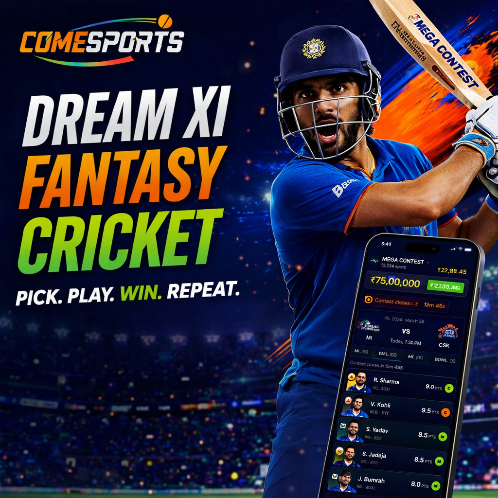 Come Play Game Dream XI fantasy cricket ad visual