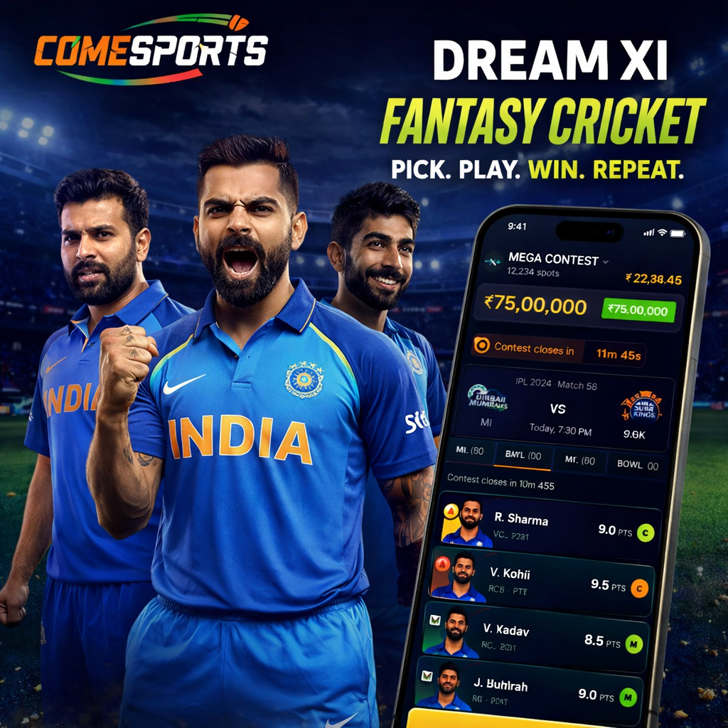 Come Play Game fantasy cricket and India team visual